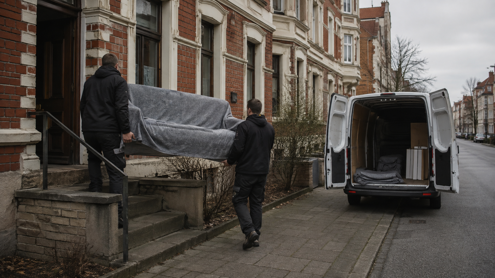 Umzugsteam von Nordwest Umzüge trägt ein Sofa zu einem Transporter
