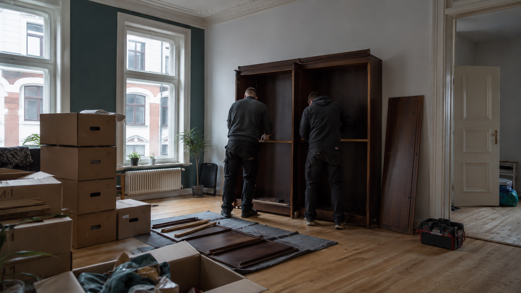 Teilweise ausgeräumte Wohnung mit beschrifteten Umzugskartons