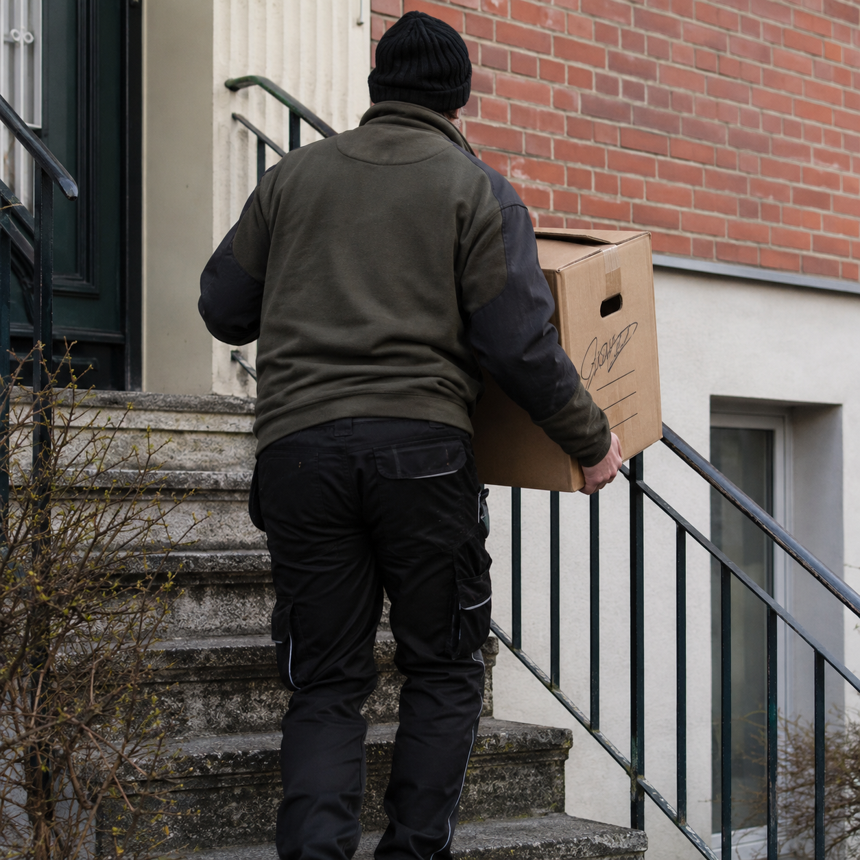 Mitarbeiter trägt einen beschrifteten Umzugskarton